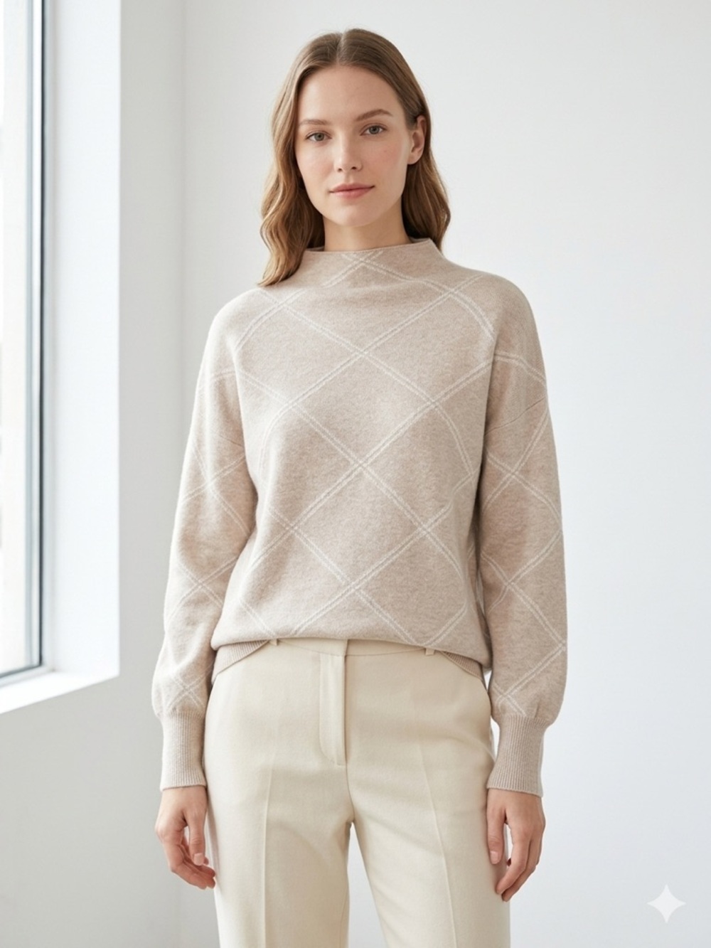 Tahari Womens Sweater Medium Beige Diamond Knit Mock Neck Soft Casual